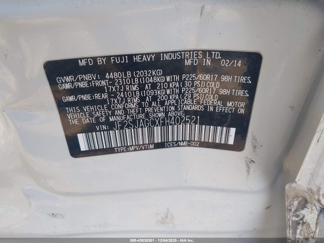 Aukcja sprzedaży 2015 Subaru Forester 2.5i Premium, vin: JF2SJAGCXFH402521, numer aukcji: 43838301