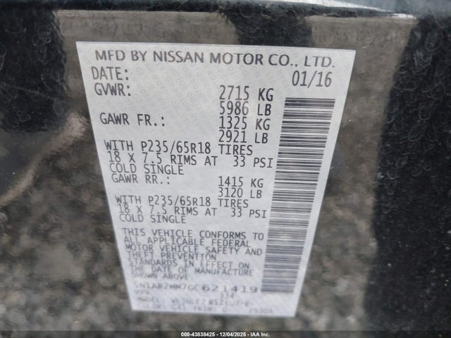 5N1AR2MM7GC621419 Nissan Pathfinder Platinum/s/sl/sv