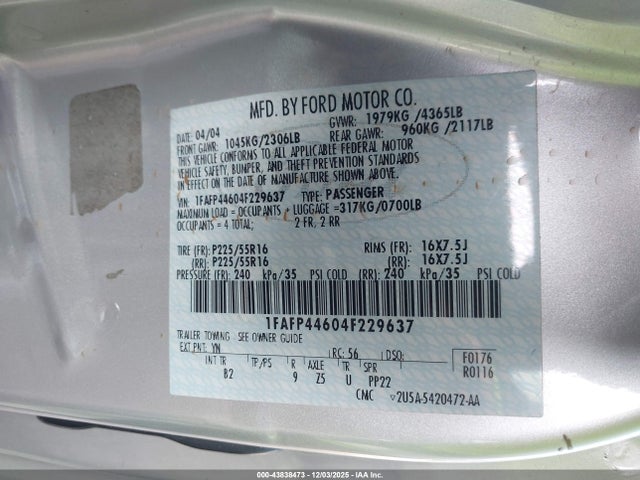 Aukcja sprzedaży 2004 Ford Mustang, vin: 1FAFP44604F229637, numer aukcji: 43838473
