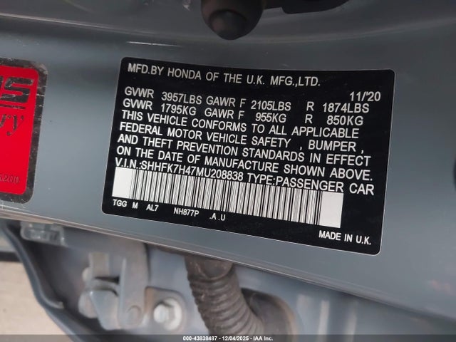 SHHFK7H47MU208838 Honda Civic Sport