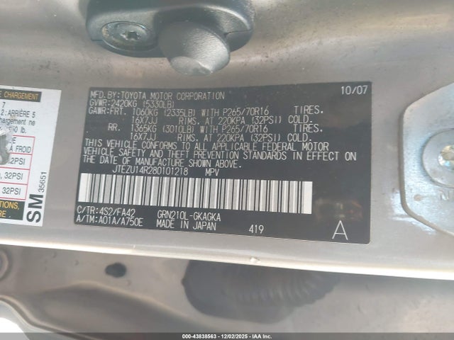 Aukcja sprzedaży 2008 Toyota 4runner Sr5 V6, vin: JTEZU14R280101218, numer aukcji: 43838563