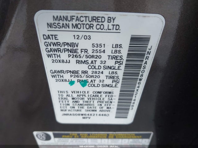 Продаж на аукціоні авто 2004 Infiniti Fx35, vin: JNRAS08W64X214463, номер лоту: 43838565