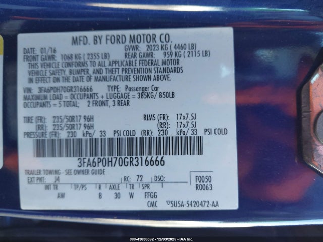 3FA6P0H70GR316666 Ford FUSION SE