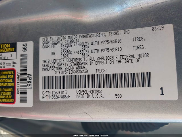 5TFUY5F12KX835230 Toyota Tundra Sr5 5.7l V8
