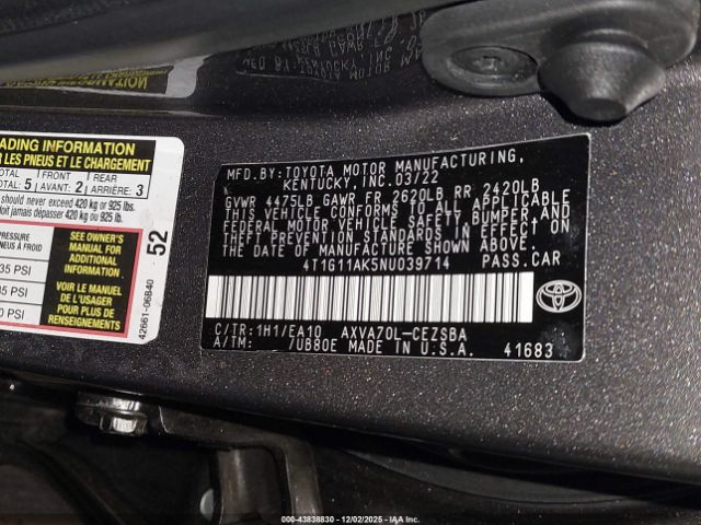 2022 TOYOTA CAMRY 4T1G11AK5NU039714 Photo 8