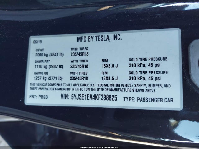 2019 TESLA MODEL 3 5YJ3E1EA4KF398825 Photo 8