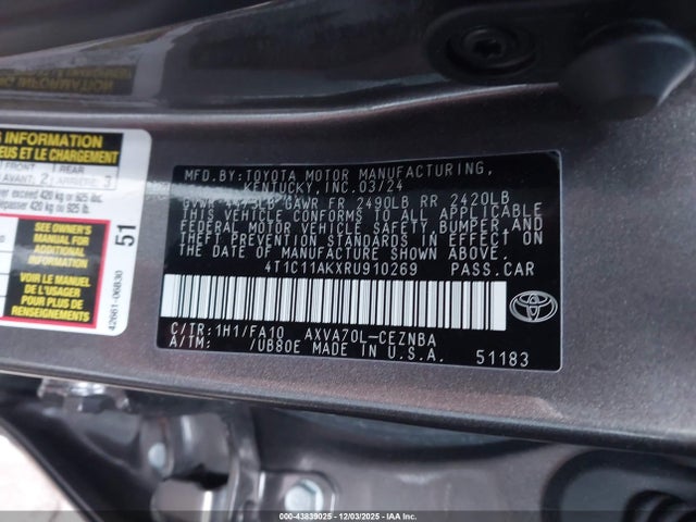 Продаж на аукціоні авто 2024 Toyota Camry Le, vin: 4T1C11AKXRU910269, номер лоту: 43839025