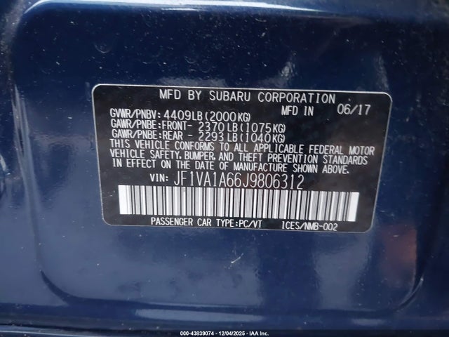 2018 Subaru Wrx მანქანა იყიდება აუქციონზე, vin: JF1VA1A66J9806312, აუქციონის ნომერი: 43839074
