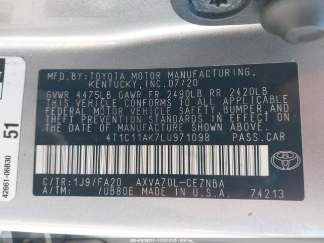 2020 TOYOTA CAMRY 4T1C11AK7LU971098 Photo 8