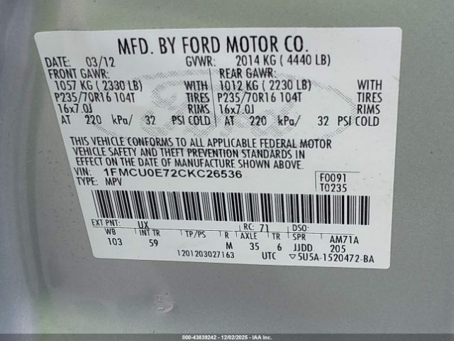 2012 FORD ESCAPE 1FMCU0E72CKC26536 Photo 8