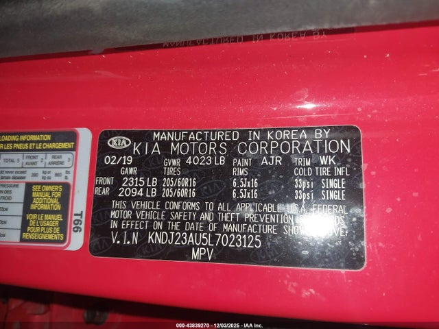 43839270 :رقم المزاد ، KNDJ23AU5L7023125 vin ، 2020 Kia Soul S مزاد بيع