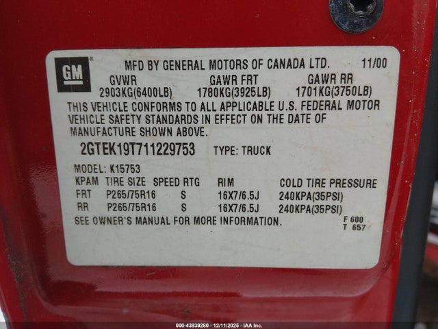 2001 Gmc Sierra 1500 Sle მანქანა იყიდება აუქციონზე, vin: 2GTEK19T711229753, აუქციონის ნომერი: 43839280