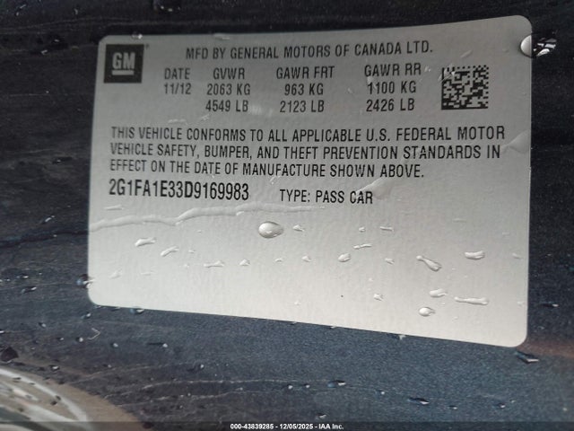 Aukcja sprzedaży 2013 Chevrolet Camaro 2ls, vin: 2G1FA1E33D9169983, numer aukcji: 43839285