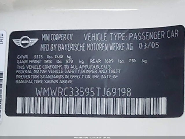 2005 MINI COOPER WMWRC33595TJ69198 Photo 8