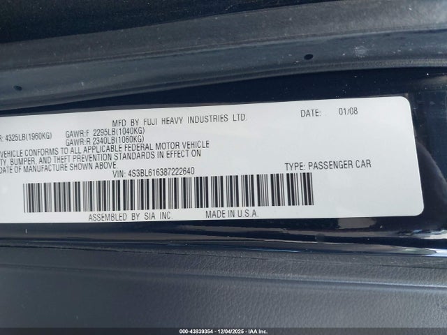 Aukcja sprzedaży 2008 Subaru Legacy 2.5i, vin: 4S3BL616387222640, numer aukcji: 43839354