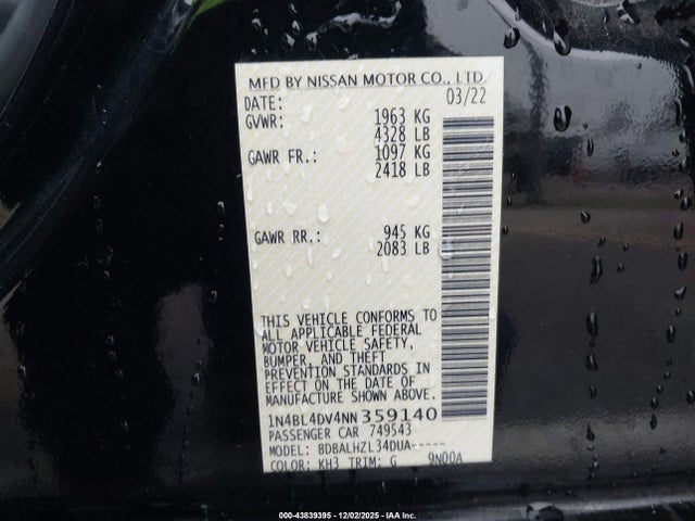 1N4BL4DV4NN359140 Nissan Altima Sv Fwd