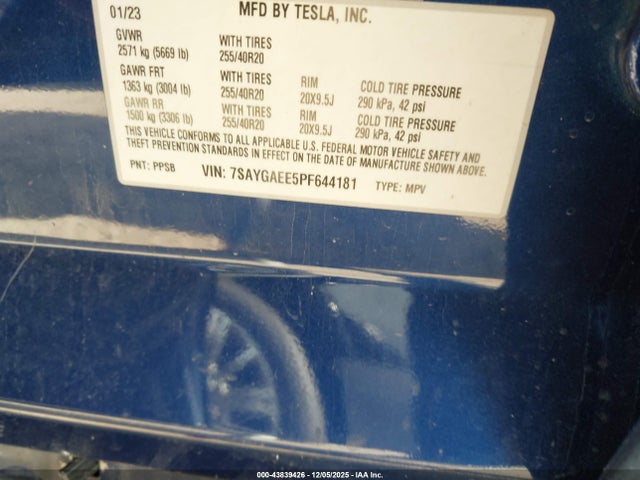 Продажа на аукционе авто 2023 Tesla Model Y Awd/long Range Dual Motor All-wheel Drive, vin: 7SAYGAEE5PF644181, номер лота: 43839426