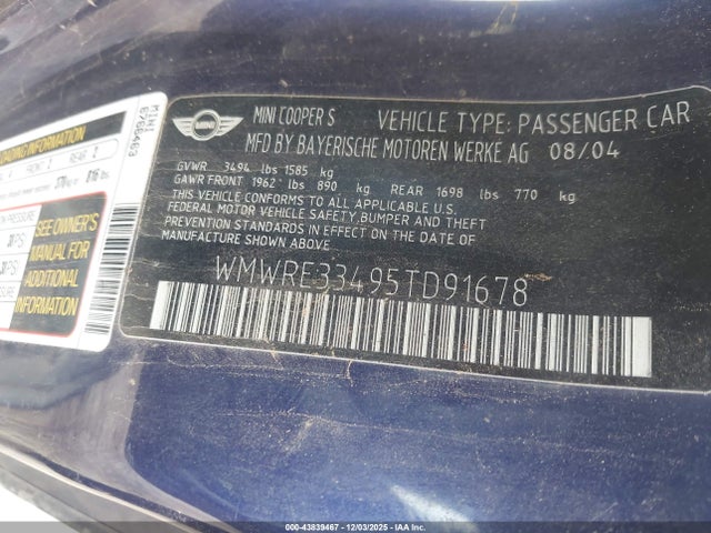 2005 MINI COOPER S WMWRE33495TD91678 Photo 8