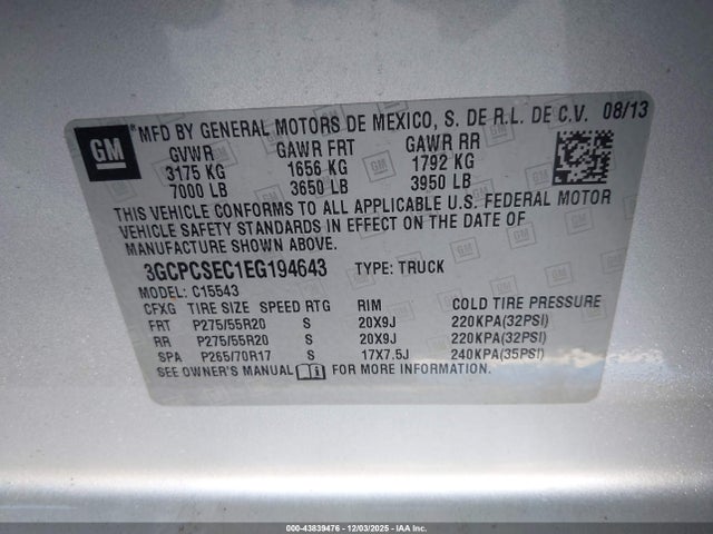 Aukcja sprzedaży 2014 Chevrolet Silverado 1500 2lz, vin: 3GCPCSEC1EG194643, numer aukcji: 43839476