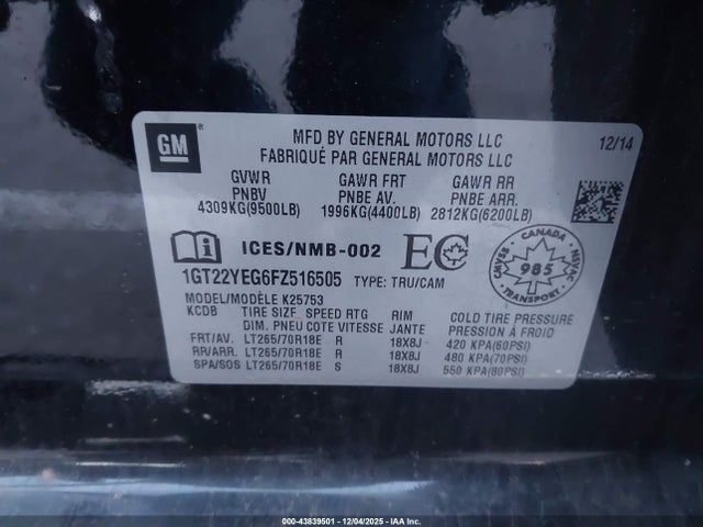 43839501 :رقم المزاد ، 1GT22YEG6FZ516505 vin ، 2015 Gmc Sierra 2500hd Sle مزاد بيع