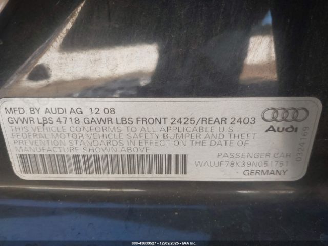 2009 AUDI A4 WAUJF78K39N051751 Photo 8