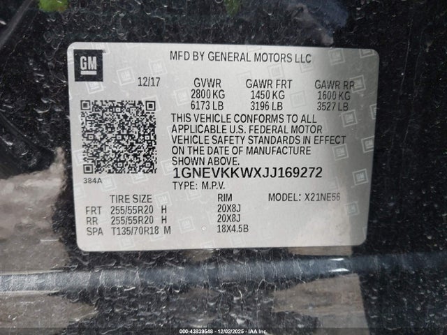 1GNEVKKWXJJ169272 Chevrolet Traverse High Country