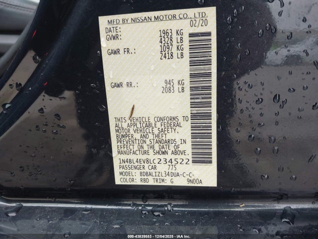 1N4BL4EV8LC234522 Nissan Altima Sl Fwd