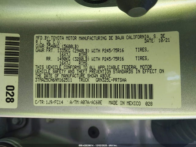 3TMAZ5CN6NM162511 Toyota Tacoma Sr5 V6