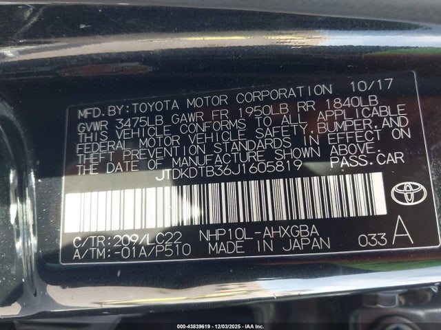 JTDKDTB36J1605819 Toyota Prius C Four