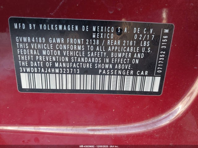 2017 Volkswagen Jetta 1.4t Se მანქანა იყიდება აუქციონზე, vin: 3VWDB7AJ4HM323713, აუქციონის ნომერი: 43839692