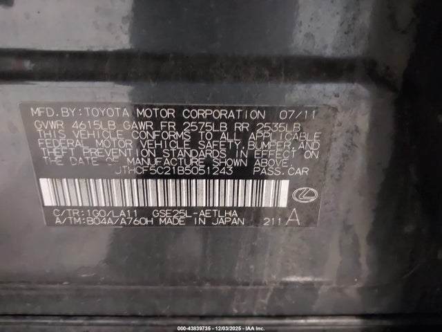 Продажа на аукционе авто 2011 Lexus Is 250, vin: JTHCF5C21B5051243, номер лота: 43839735