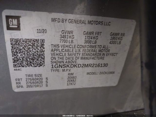 2021 CHEVROLET SUBURBAN 1GNSKDKD2MR216130 Photo 8