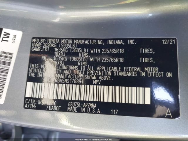 2022 TOYOTA HIGHLANDER 5TDHZRBH5NS178894 Photo 8