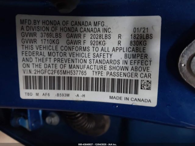 2021 HONDA CIVIC 2HGFC2F65MH537765 Photo 8