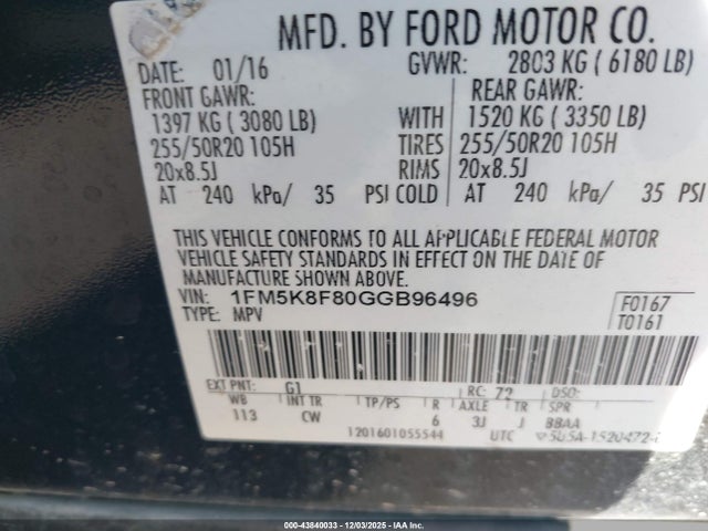Ford Explorer Limited 2016 1FM5K8F80GGB96496 Image 9