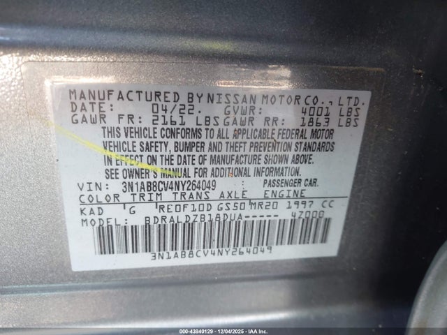 3N1AB8CV4NY264049 Nissan Sentra Sv Xtronic Cvt