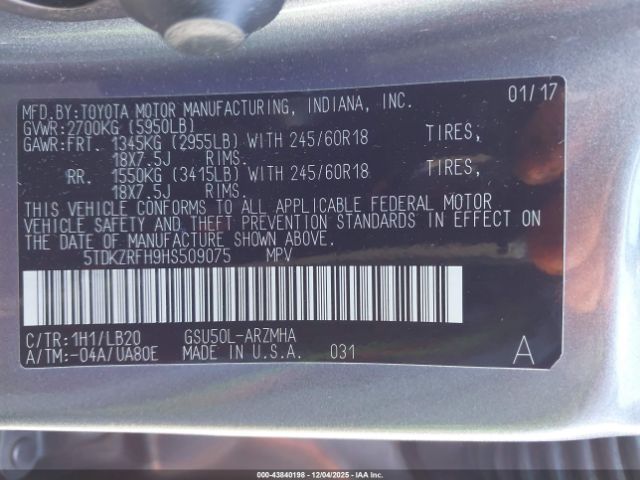 2017 TOYOTA HIGHLANDER 5TDKZRFH9HS509075 Photo 8