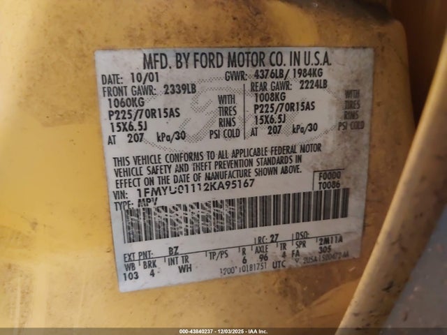 43840237 :رقم المزاد ، 1FMYU01112KA95167 vin ، 2002 Ford Escape Xls مزاد بيع