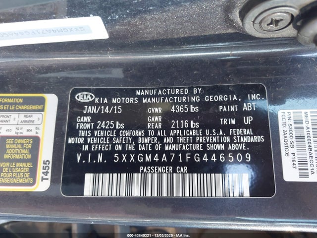 Aukcja sprzedaży 2015 Kia Optima Lx, vin: 5XXGM4A71FG446509, numer aukcji: 43840321