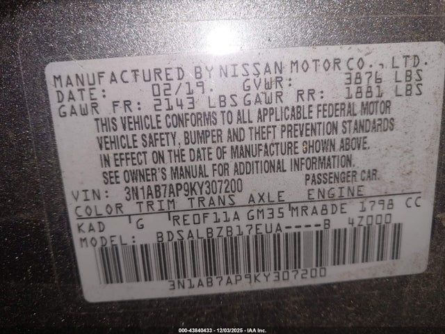 3N1AB7AP9KY307200 Nissan SENTRA S