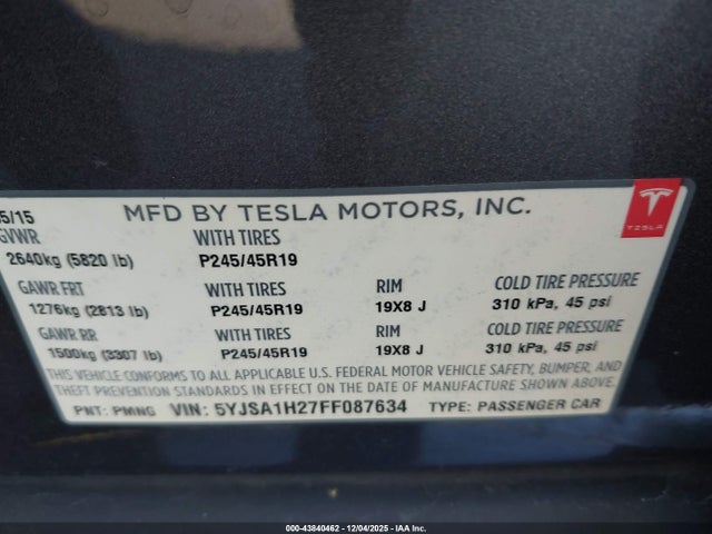 2015 TESLA MODEL S 5YJSA1H27FF087634 Photo 8