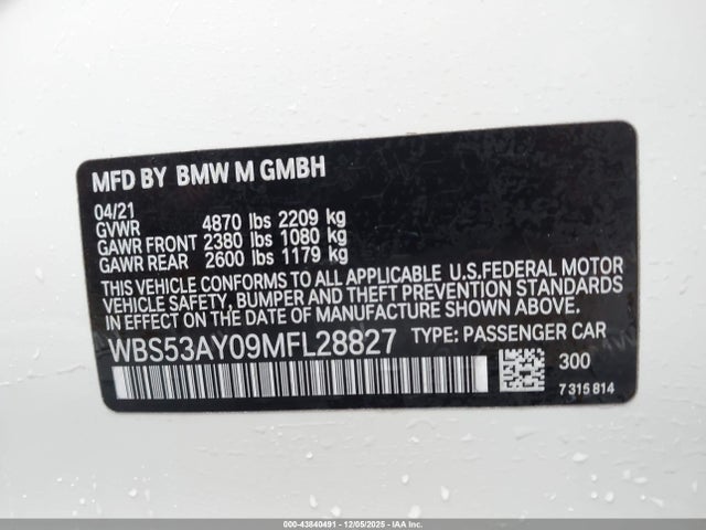 2021 Bmw M3 Sedan მანქანა იყიდება აუქციონზე, vin: WBS53AY09MFL28827, აუქციონის ნომერი: 43840491