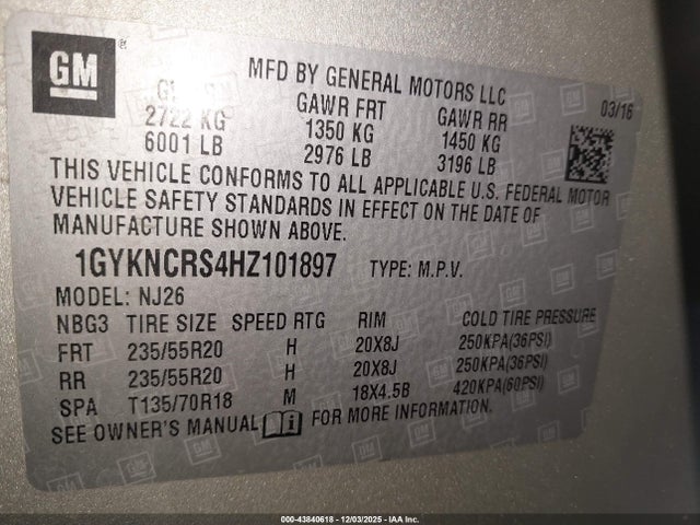 1GYKNCRS4HZ101897 Cadillac Xt5 Premium Luxury