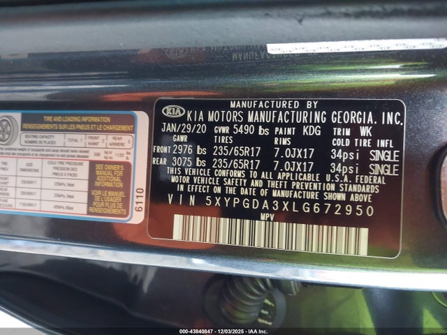 5XYPGDA3XLG672950 KIA Sorento 2.4l Lx