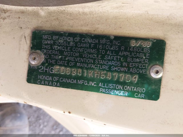 1989 HONDA CIVIC 2HGED6341KH547709 Photo 8