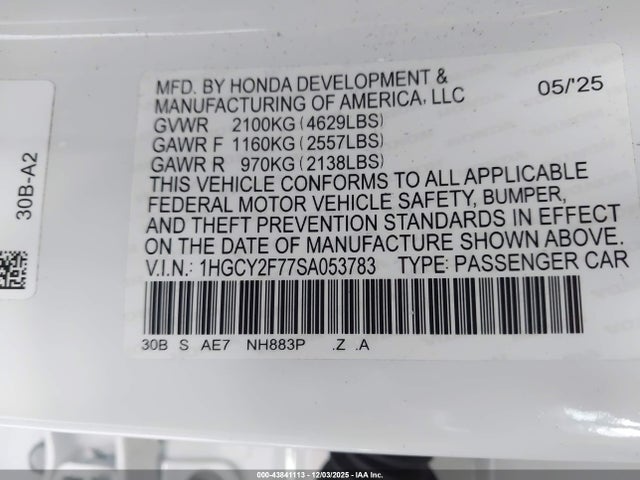 1HGCY2F77SA053783 Honda Accord Hybrid Sport-l