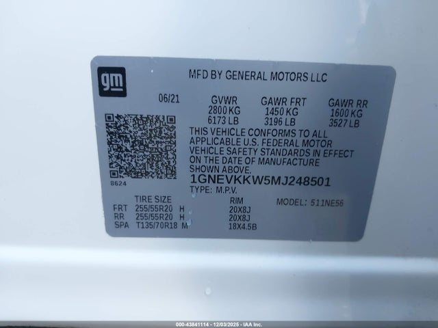 1GNEVKKW5MJ248501 Chevrolet Traverse Awd Premier