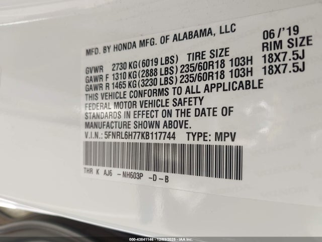 5FNRL6H77KB117744 Honda Odyssey Ex-l