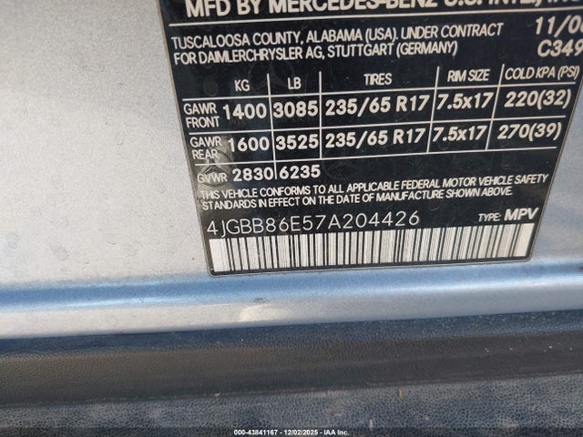 43841167 :رقم المزاد ، 4JGBB86E57A204426 vin ، 2007 Mercedes-benz Ml 350 4matic مزاد بيع