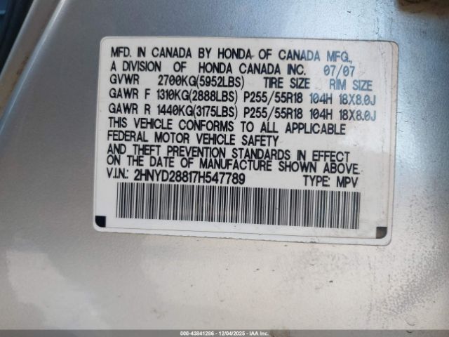 2007 ACURA MDX 2HNYD28817H547789 Photo 8